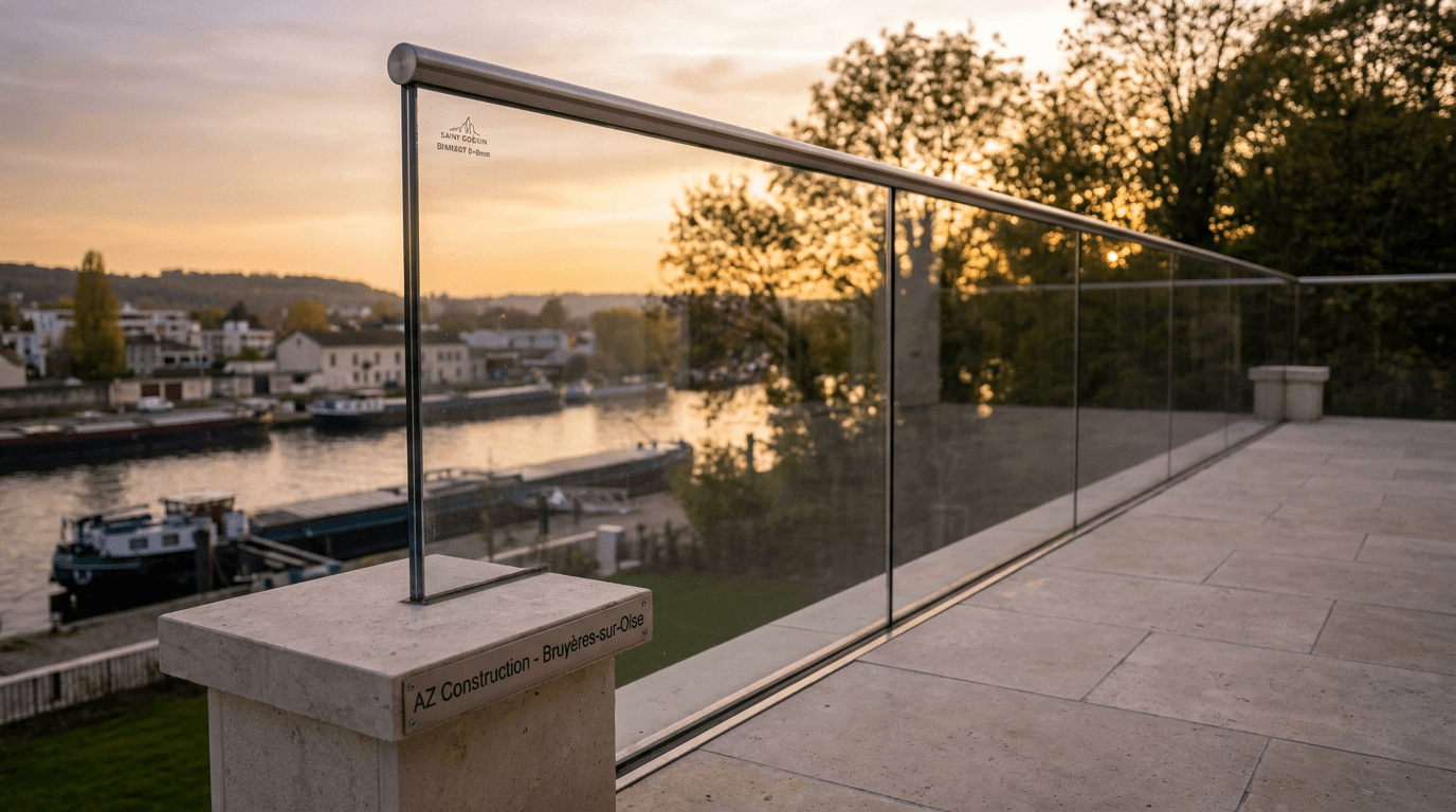 Garde-corps verre frameless feuilleté 8+8 mm Saint-Gobain Diamant + main courante inox brossé — Carrières-sur-Seine (Yvelines 78) — AZ Construction Bruyères-sur-Oise — NF P01-012