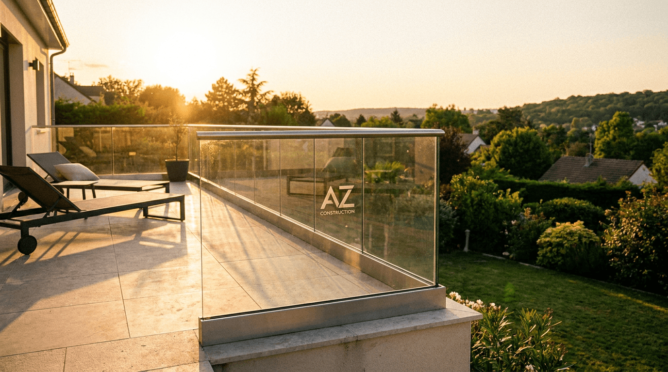 Garde-corps verre frameless feuilleté 8+8 mm Saint-Gobain Diamant + main courante inox brossé — Houilles (Yvelines 78) — AZ Construction Bruyères-sur-Oise — NF P01-012