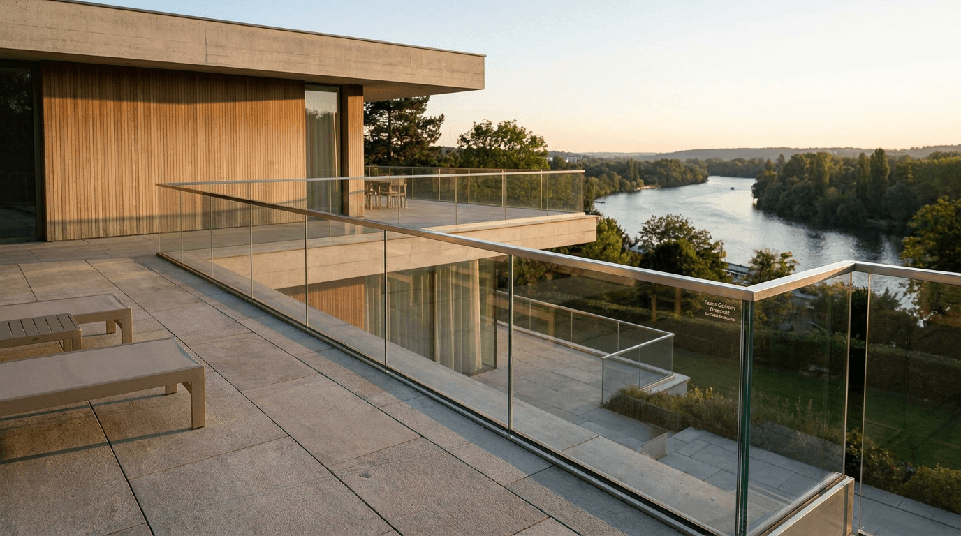 Garde-corps verre frameless feuilleté 8+8 mm Saint-Gobain Diamant + main courante inox brossé — Le Pecq (Yvelines 78) — AZ Construction Bruyères-sur-Oise — NF P01-012