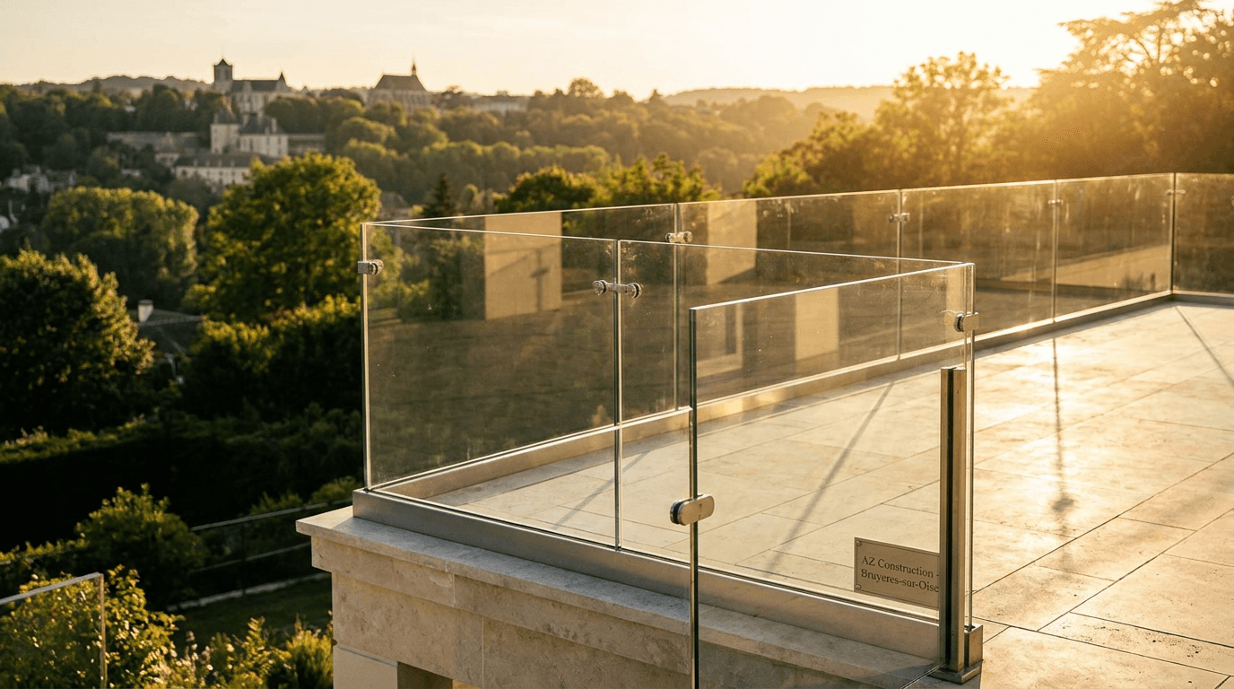 Garde-corps verre frameless feuilleté 8+8 mm Saint-Gobain Diamant + fixations inox — Louveciennes (Yvelines 78) — AZ Construction Bruyères-sur-Oise — NF P01-012