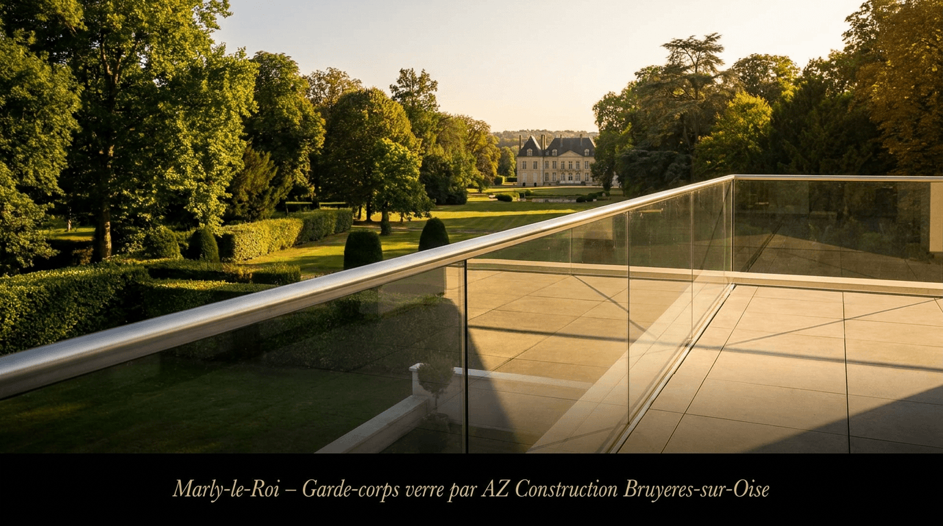 Garde-corps verre frameless feuilleté 8+8 mm Saint-Gobain Diamant + main courante inox brossé — Marly-le-Roi (Yvelines 78) — AZ Construction Bruyères-sur-Oise — NF P01-012