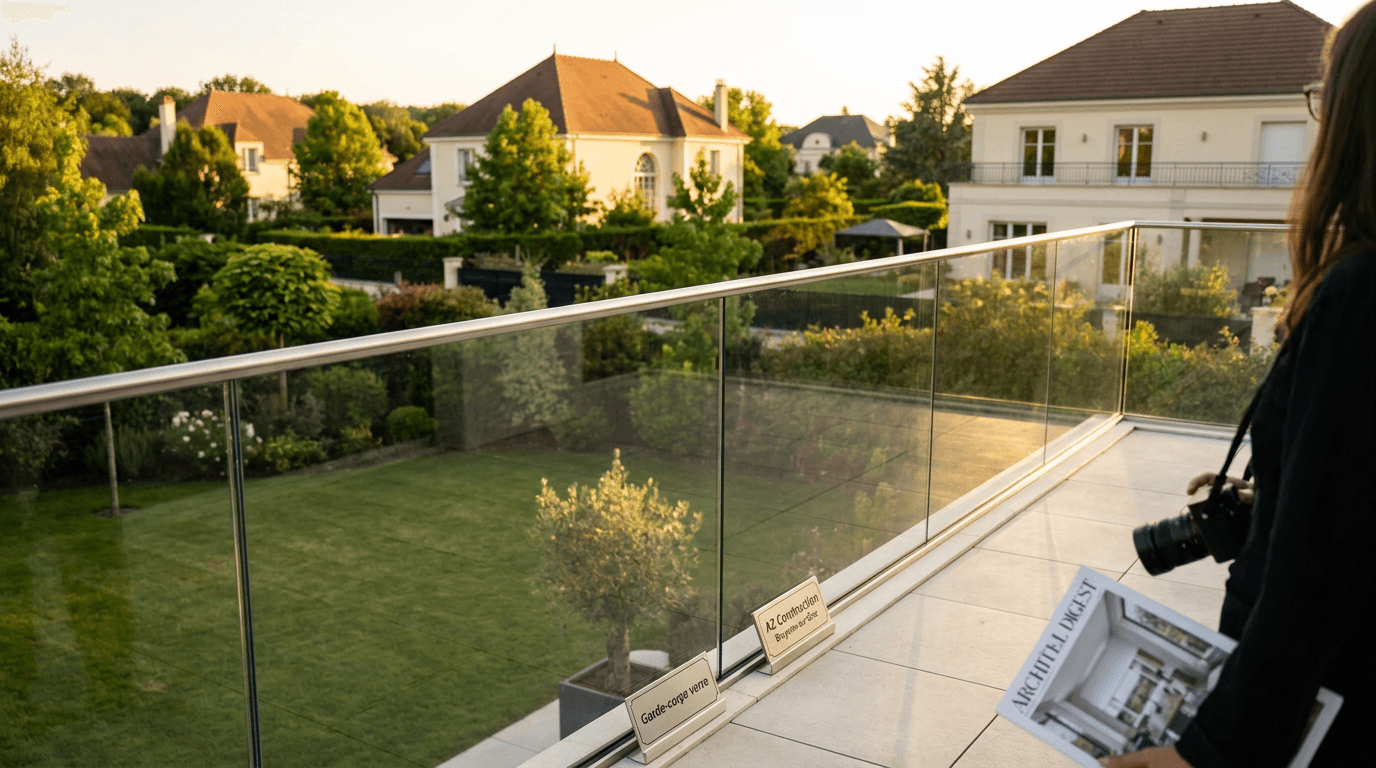 Garde-corps verre frameless feuilleté 8+8 mm Saint-Gobain Diamant + main courante inox brossé — Montesson (Yvelines 78) — AZ Construction Bruyères-sur-Oise — NF P01-012
