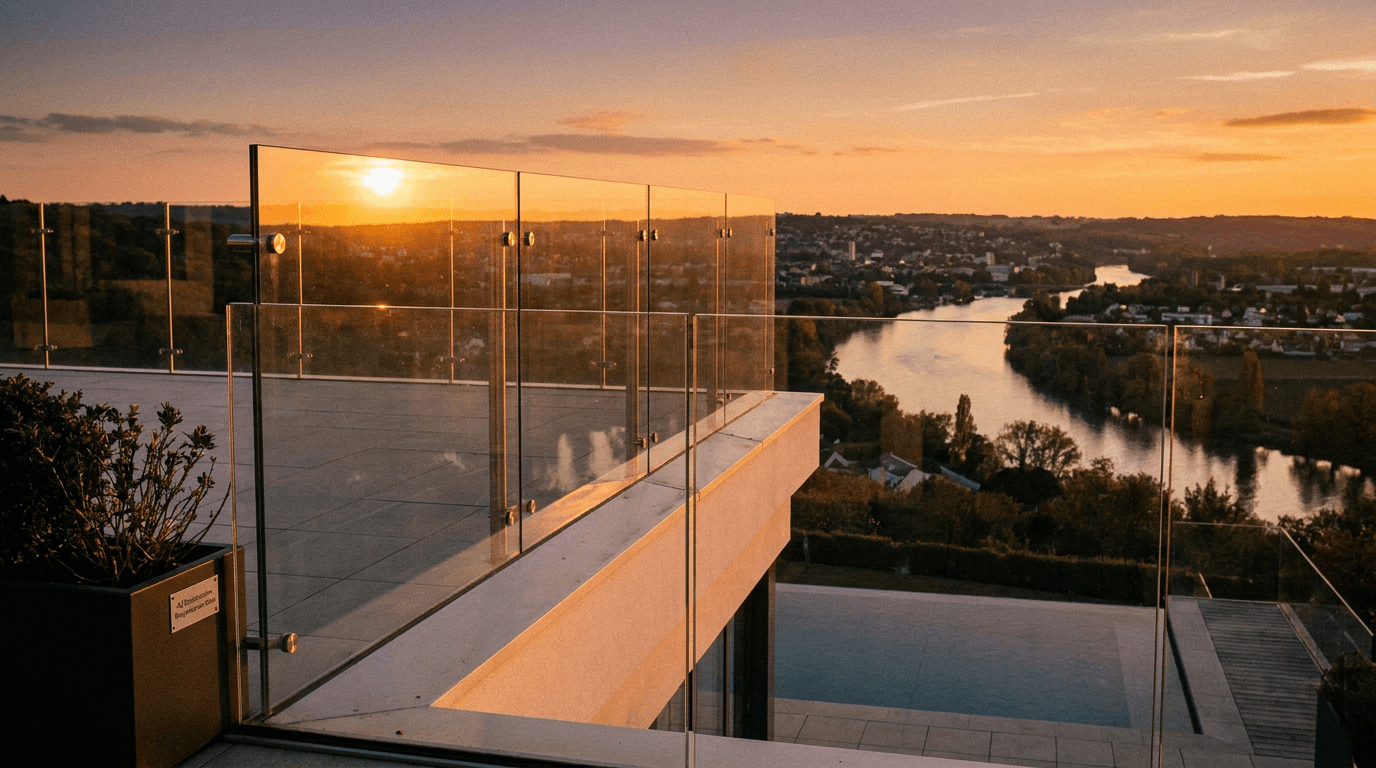 Garde-corps verre frameless feuilleté 8+8 mm Saint-Gobain Diamant + fixations inox — Poissy (Yvelines 78) — AZ Construction Bruyères-sur-Oise — NF P01-012