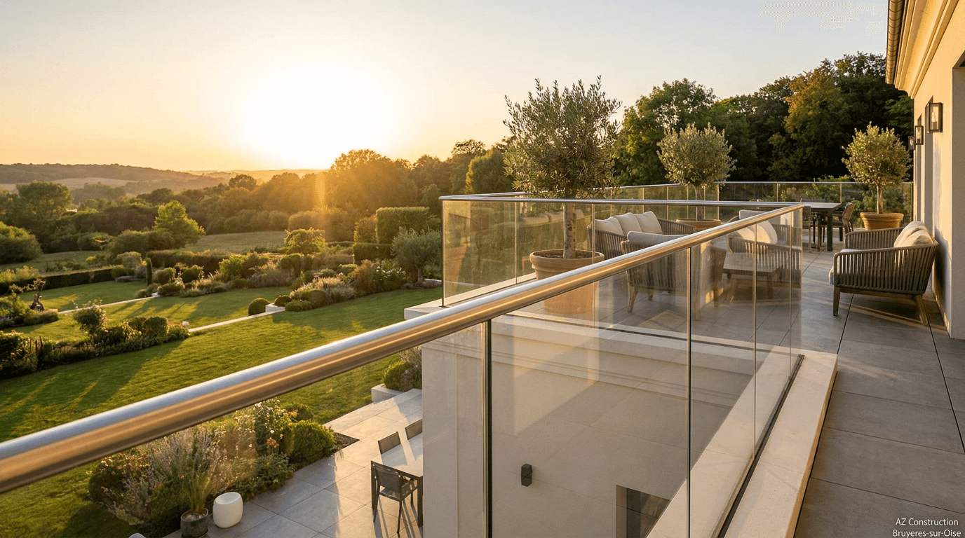 Garde-corps verre frameless feuilleté 8+8 mm Saint-Gobain Diamant + main courante inox brossé — Viroflay (Yvelines 78) — AZ Construction Bruyères-sur-Oise — NF P01-012