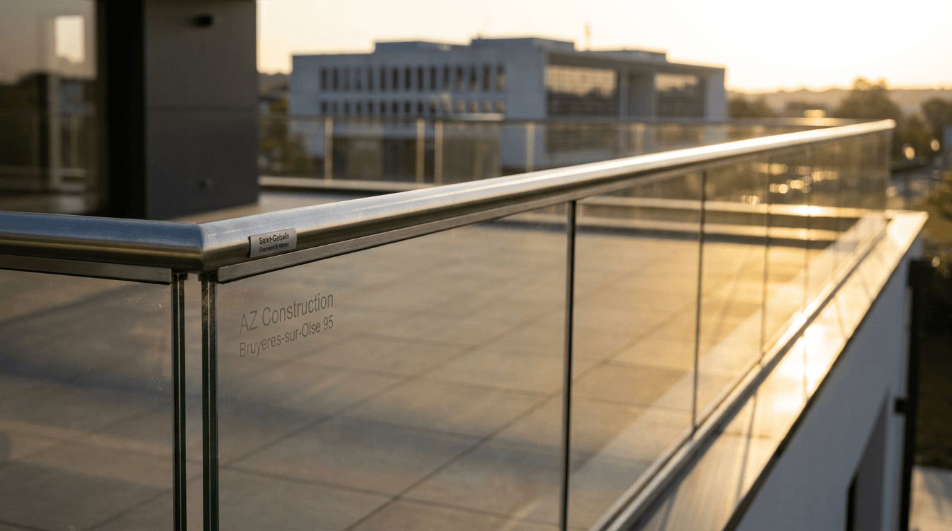 Garde-corps verre frameless feuilleté 8+8 mm Saint-Gobain Diamant + main courante inox brossé — Cergy (Val-d'Oise 95) — AZ Construction Bruyères-sur-Oise — NF P01-012