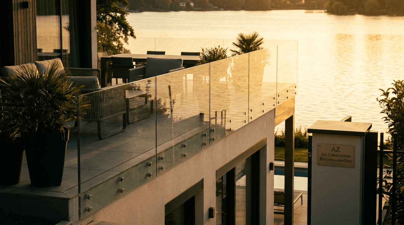 Garde-corps verre frameless feuilleté 8+8 mm Saint-Gobain Diamant + fixations inox — Enghien-les-Bains (Val-d'Oise 95) — AZ Construction Bruyères-sur-Oise — NF P01-012