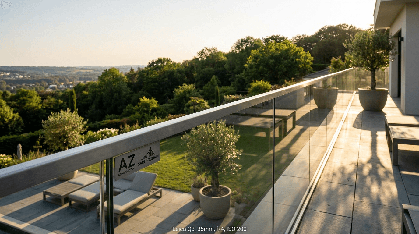 Garde-corps verre frameless feuilleté 8+8 mm Saint-Gobain Diamant + main courante inox brossé — Montmorency (Val-d'Oise 95) — AZ Construction Bruyères-sur-Oise — NF P01-012