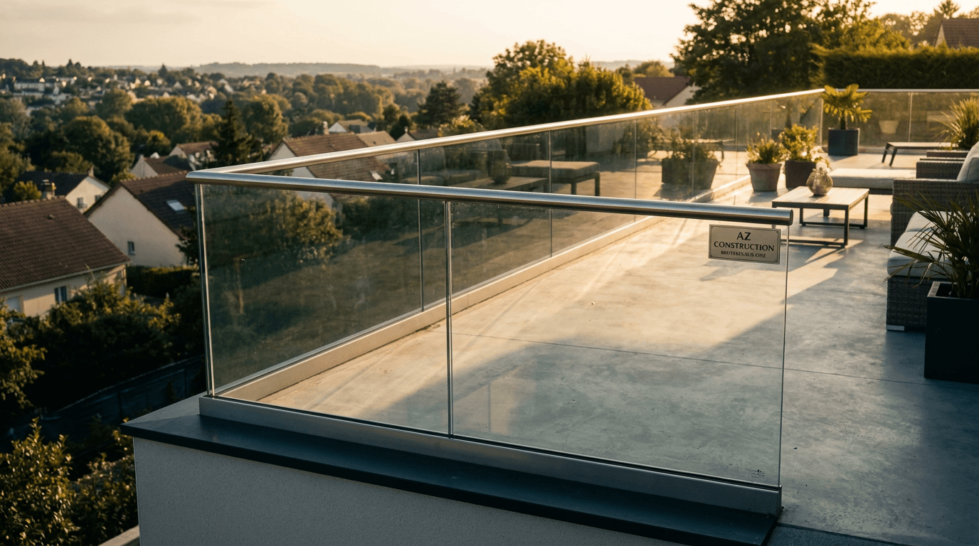 Garde-corps verre frameless feuilleté 8+8 mm Saint-Gobain Diamant + main courante inox brossé — Pontoise (Val-d'Oise 95) — AZ Construction Bruyères-sur-Oise — NF P01-012