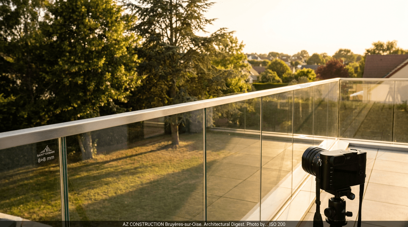 Garde-corps verre frameless feuilleté 8+8 mm Saint-Gobain Diamant + main courante inox brossé — Cormeilles-en-Parisis (Val-d'Oise 95) — AZ Construction Bruyères-sur-Oise — NF P01-012