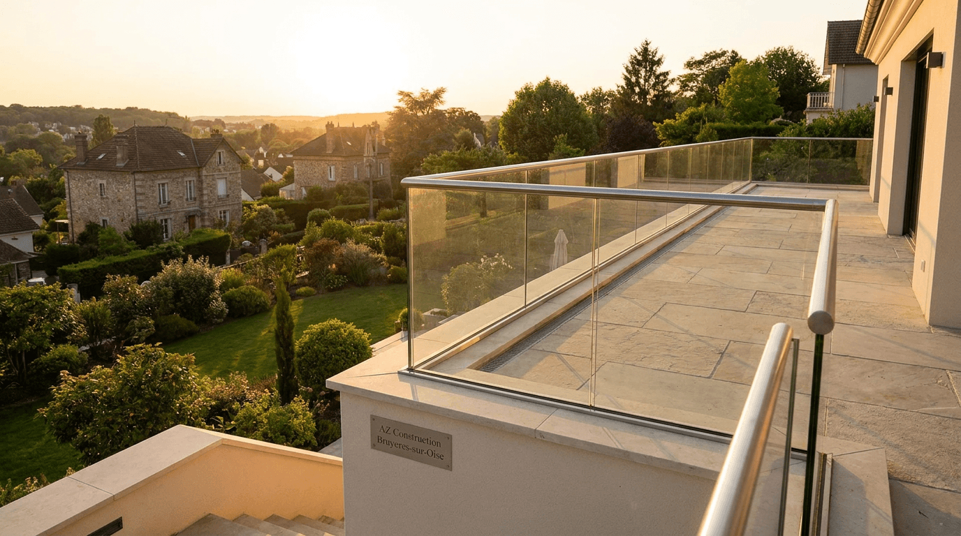 Garde-corps verre frameless feuilleté 8+8 mm Saint-Gobain Diamant + main courante inox brossé — Saint-Gratien (Val-d'Oise 95) — AZ Construction Bruyères-sur-Oise — NF P01-012