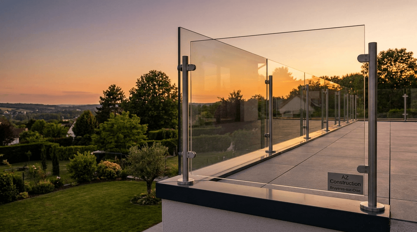 Garde-corps verre frameless feuilleté 8+8 mm Saint-Gobain Diamant + fixations inox — Saint-Leu-la-Forêt (Val-d'Oise 95) — AZ Construction Bruyères-sur-Oise — NF P01-012