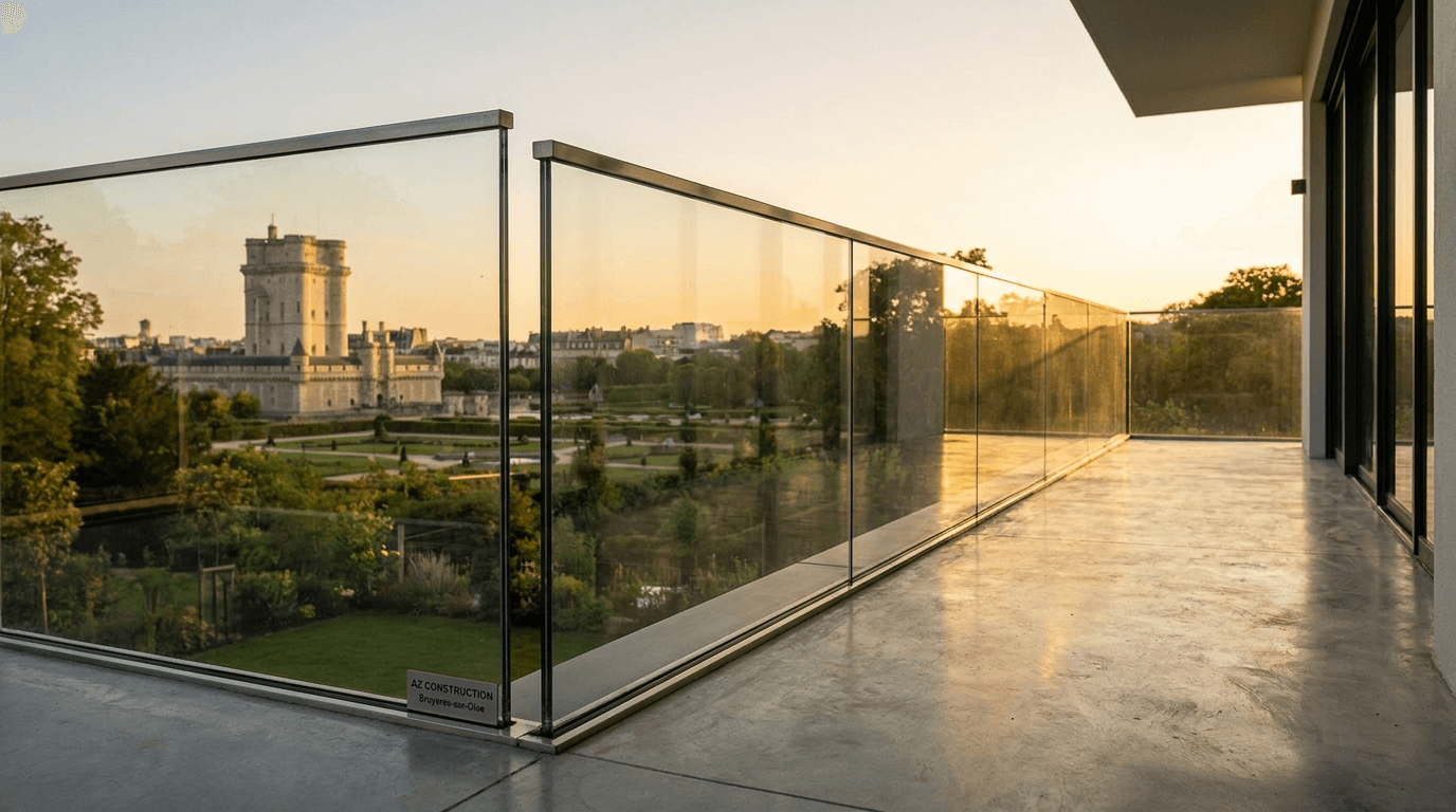 Garde-corps verre frameless feuilleté 8+8 mm Saint-Gobain Diamant + main courante inox brossé — Vincennes (Val-de-Marne 94) — AZ Construction Bruyères-sur-Oise — NF P01-012