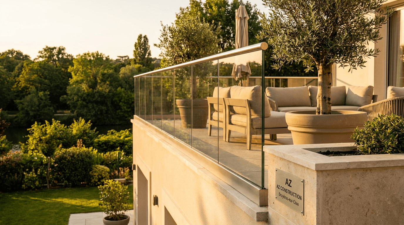 Garde-corps verre frameless feuilleté 8+8 mm Saint-Gobain Diamant + main courante inox brossé — Saint-Maur-des-Fossés (Val-de-Marne 94) — AZ Construction Bruyères-sur-Oise — NF P01-012