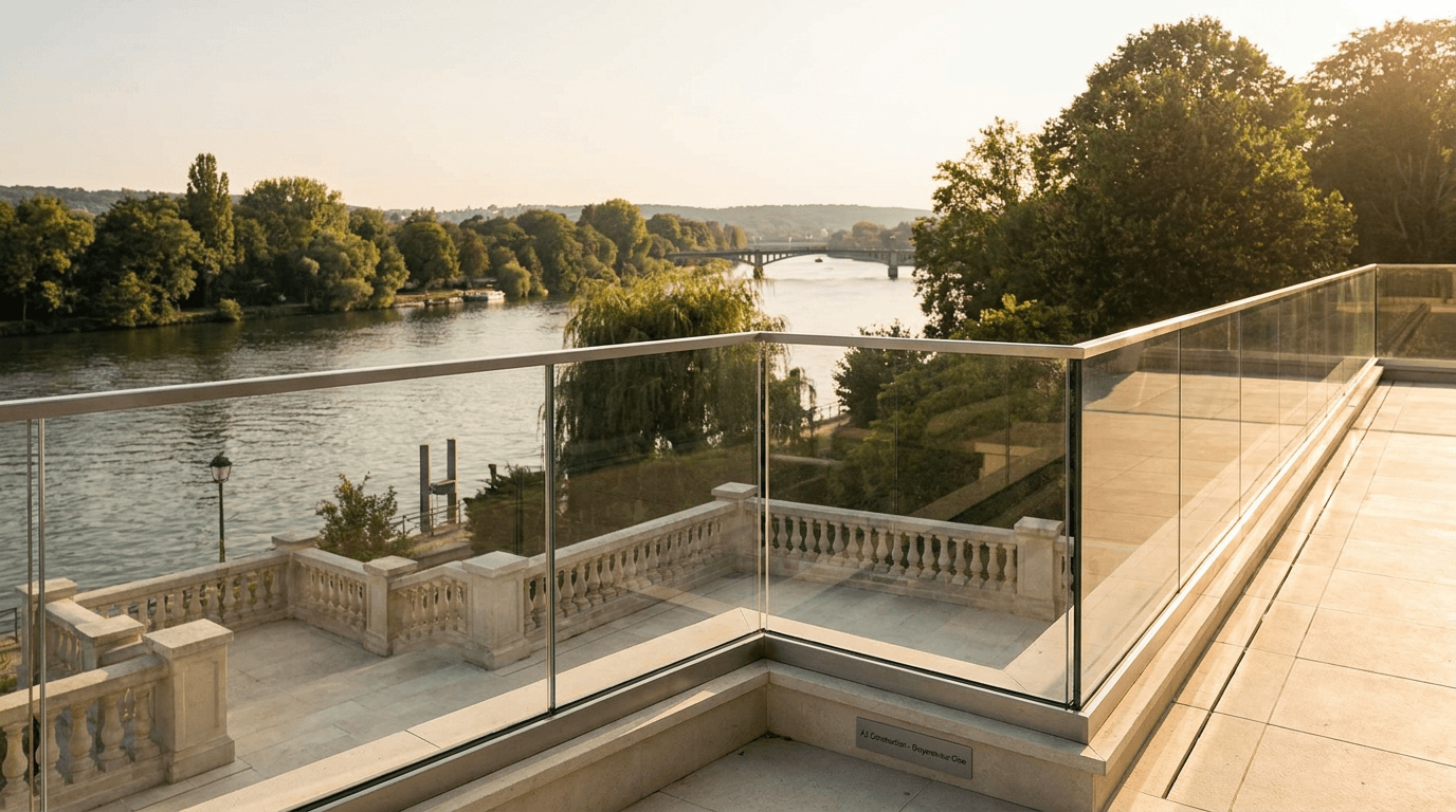 Garde-corps verre frameless feuilleté 8+8 mm Saint-Gobain Diamant + main courante inox brossé — Nogent-sur-Marne (Val-de-Marne 94) — AZ Construction Bruyères-sur-Oise — NF P01-012