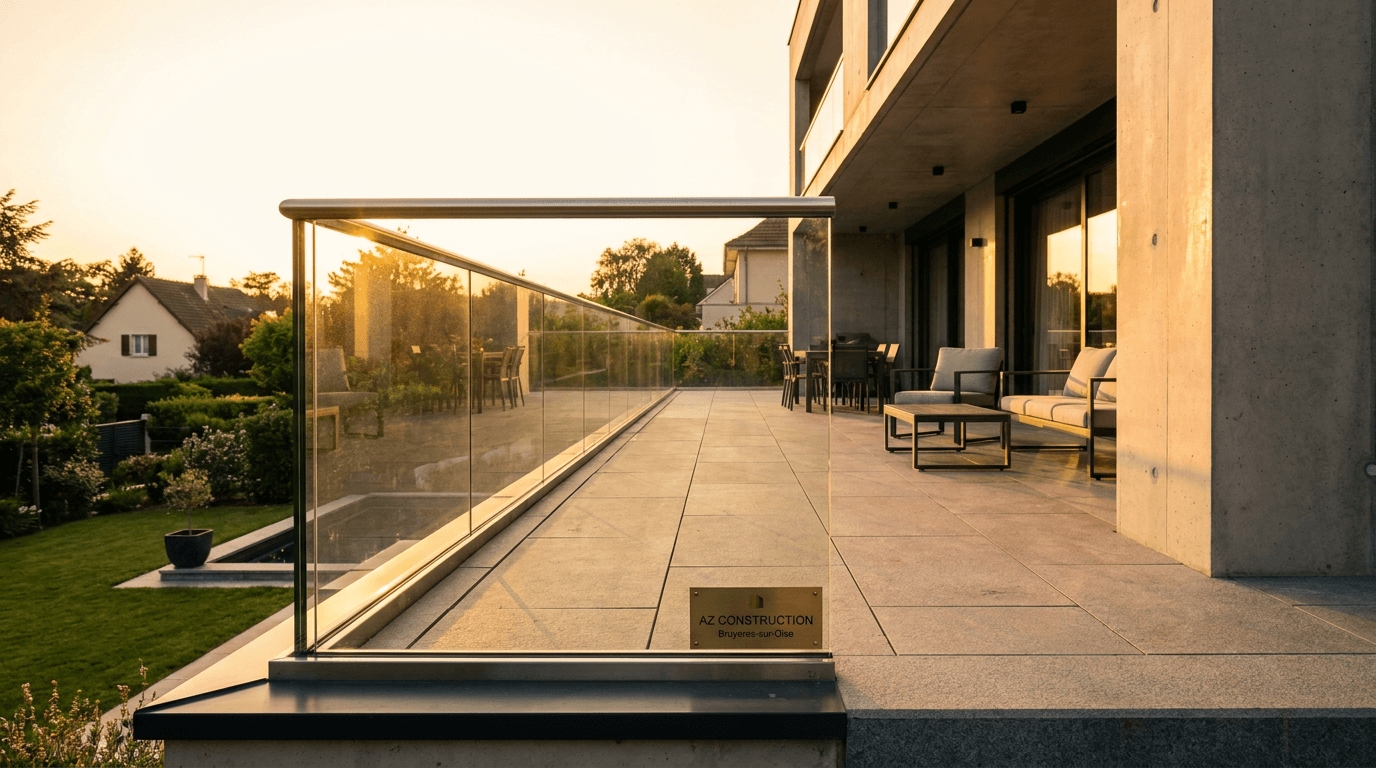 Garde-corps verre frameless feuilleté 8+8 mm Saint-Gobain Diamant + main courante inox brossé — Charenton-le-Pont (Val-de-Marne 94) — AZ Construction Bruyères-sur-Oise — NF P01-012