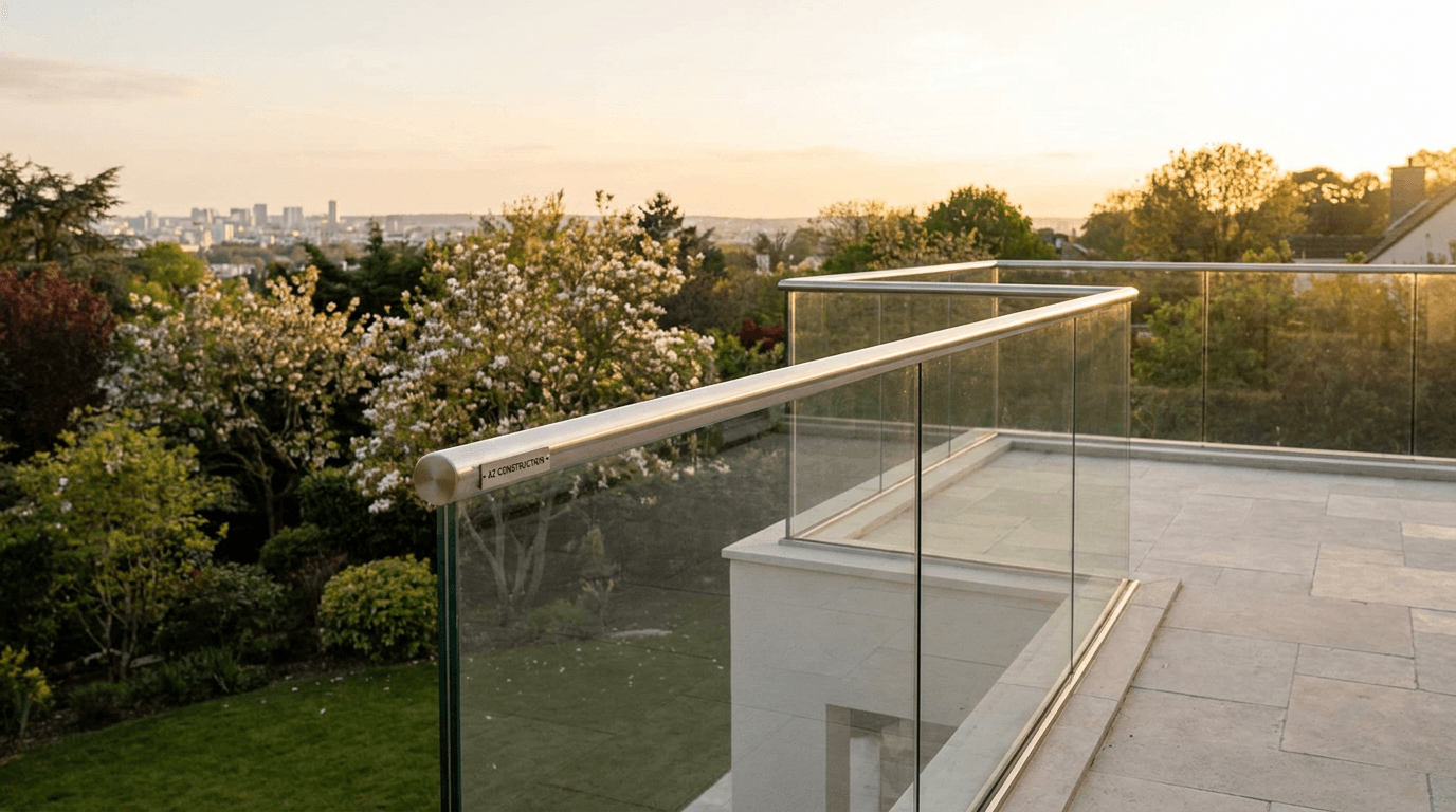 Garde-corps verre frameless feuilleté 8+8 mm Saint-Gobain Diamant + main courante inox brossé — Le Raincy (Seine-Saint-Denis 93) — AZ Construction Bruyères-sur-Oise — NF P01-012