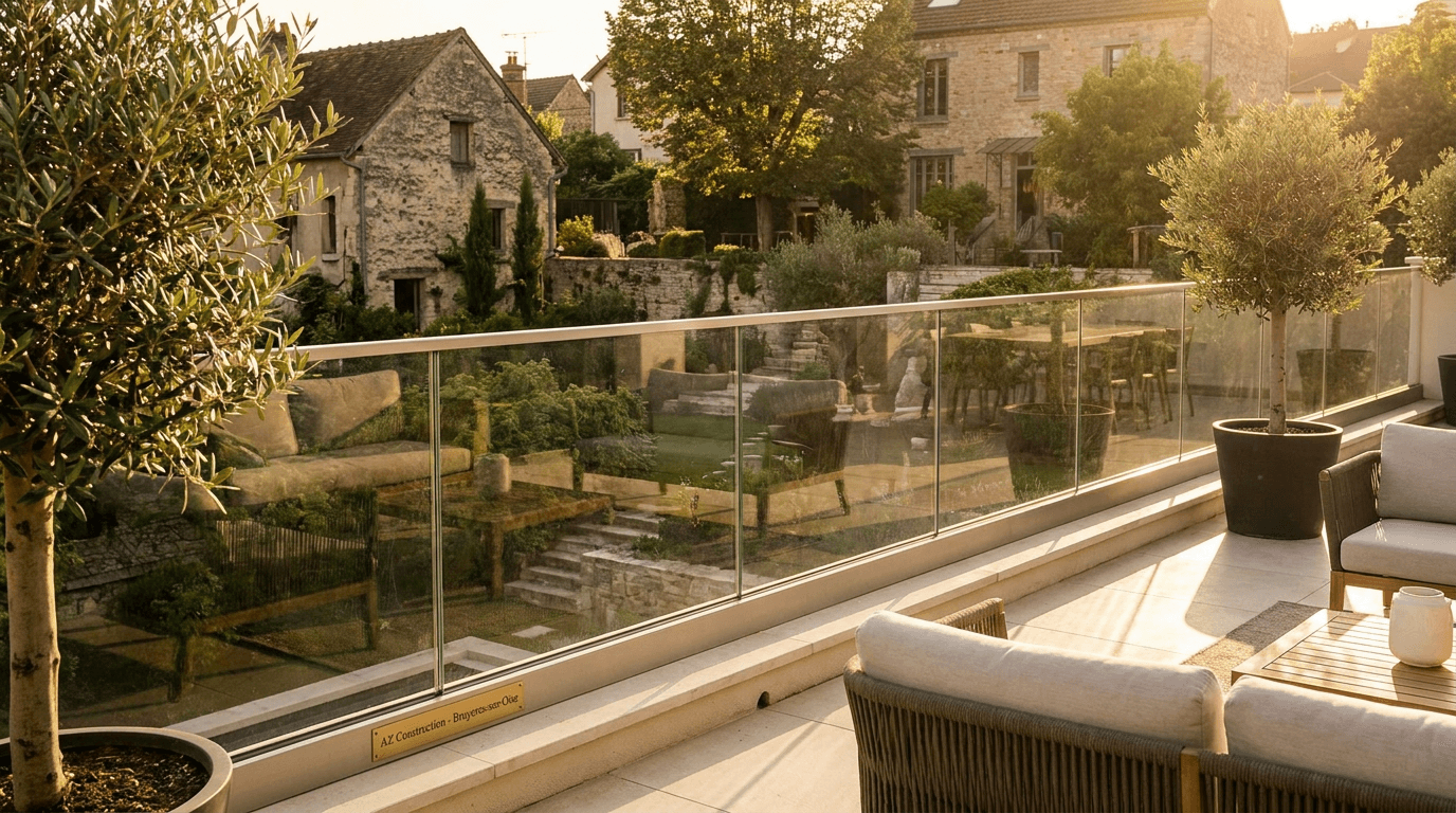 Garde-corps verre frameless feuilleté 8+8 mm Saint-Gobain Diamant + main courante inox brossé — Montreuil (Seine-Saint-Denis 93) — AZ Construction Bruyères-sur-Oise — NF P01-012