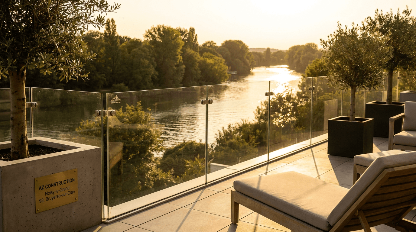 Garde-corps verre frameless feuilleté 8+8 mm Saint-Gobain Diamant + fixations inox — Noisy-le-Grand (Seine-Saint-Denis 93) — AZ Construction Bruyères-sur-Oise — NF P01-012