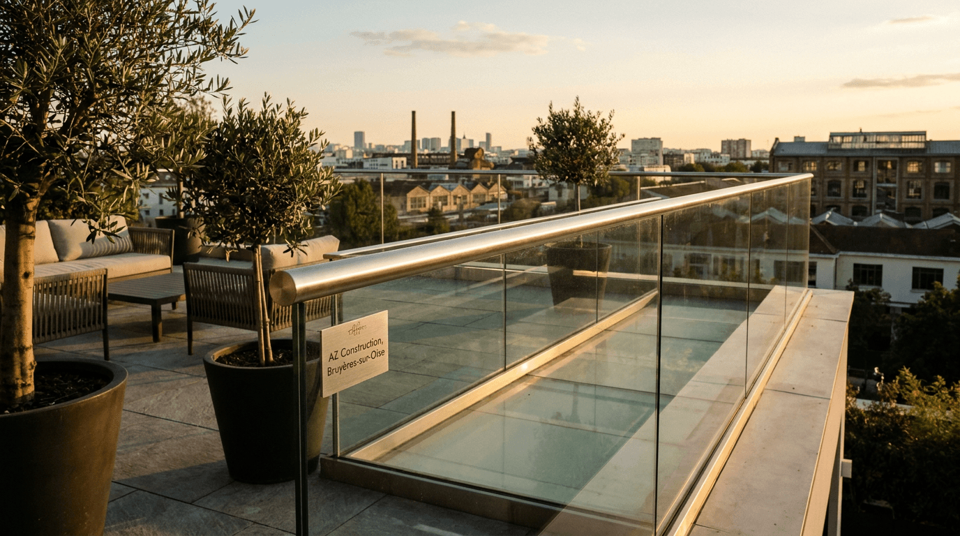 Garde-corps verre frameless feuilleté 8+8 mm Saint-Gobain Diamant + main courante inox brossé — Pantin (Seine-Saint-Denis 93) — AZ Construction Bruyères-sur-Oise — NF P01-012