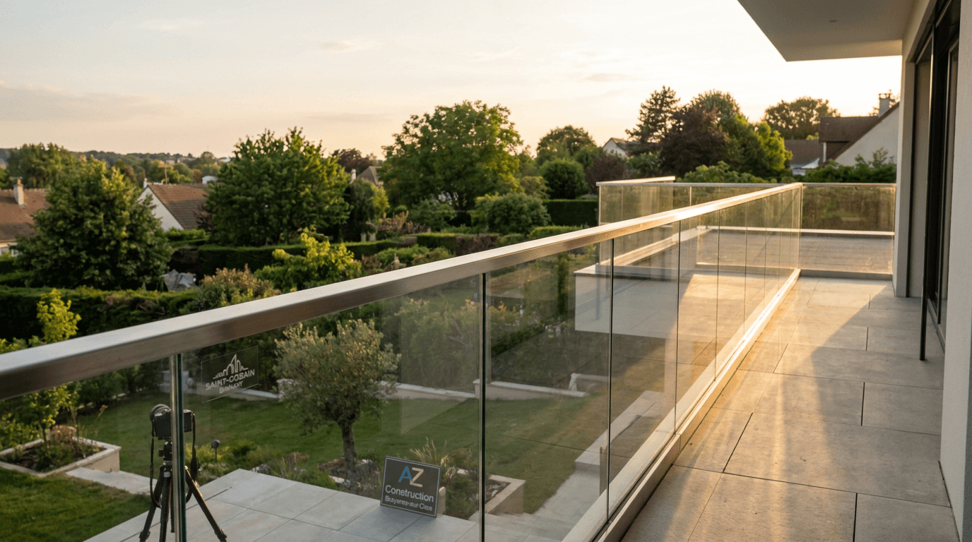 Garde-corps verre frameless feuilleté 8+8 mm Saint-Gobain Diamant + main courante inox brossé — Massy (Essonne 91) — AZ Construction Bruyères-sur-Oise — NF P01-012