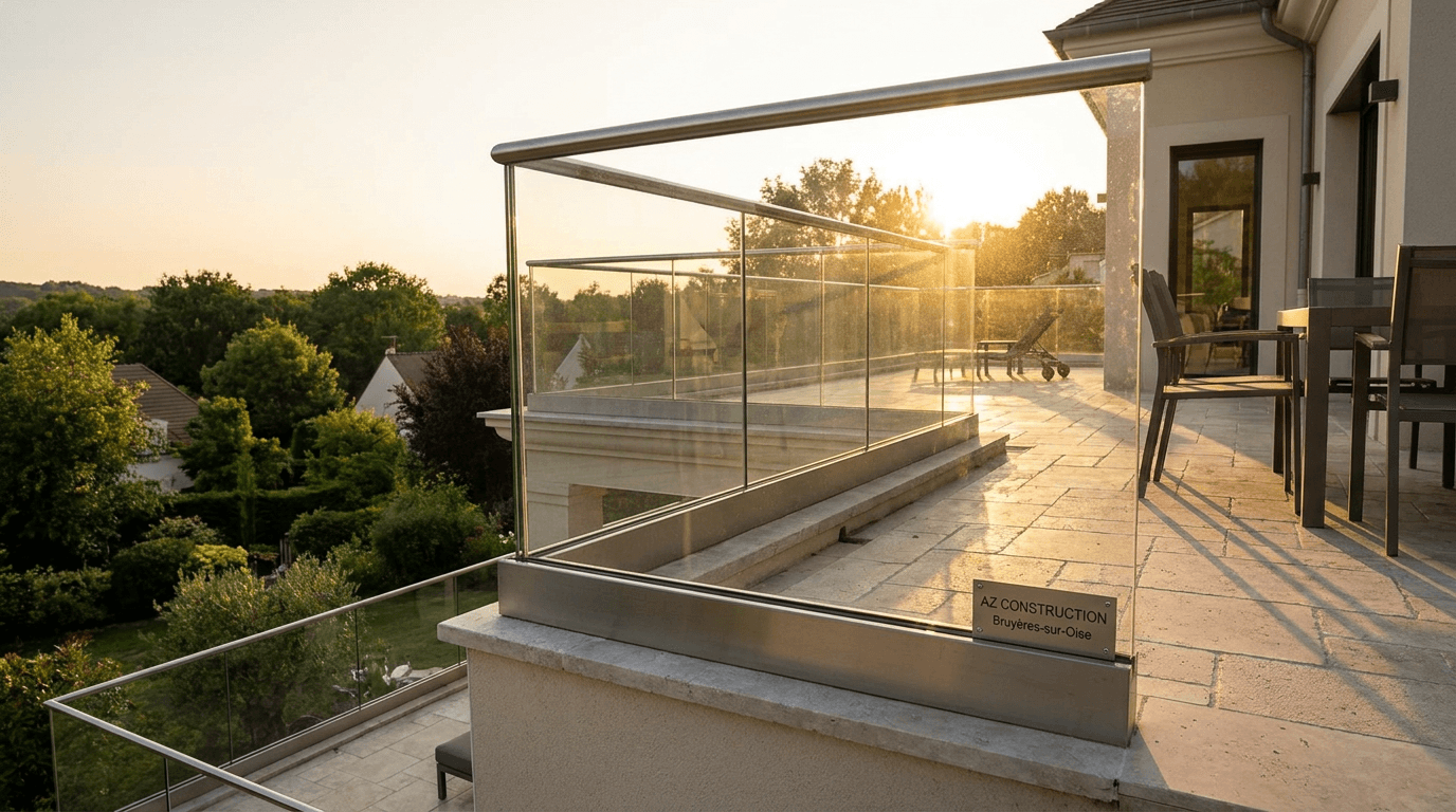 Garde-corps verre frameless feuilleté 8+8 mm Saint-Gobain Diamant + main courante inox brossé — Verrières-le-Buisson (Essonne 91) — AZ Construction Bruyères-sur-Oise — NF P01-012
