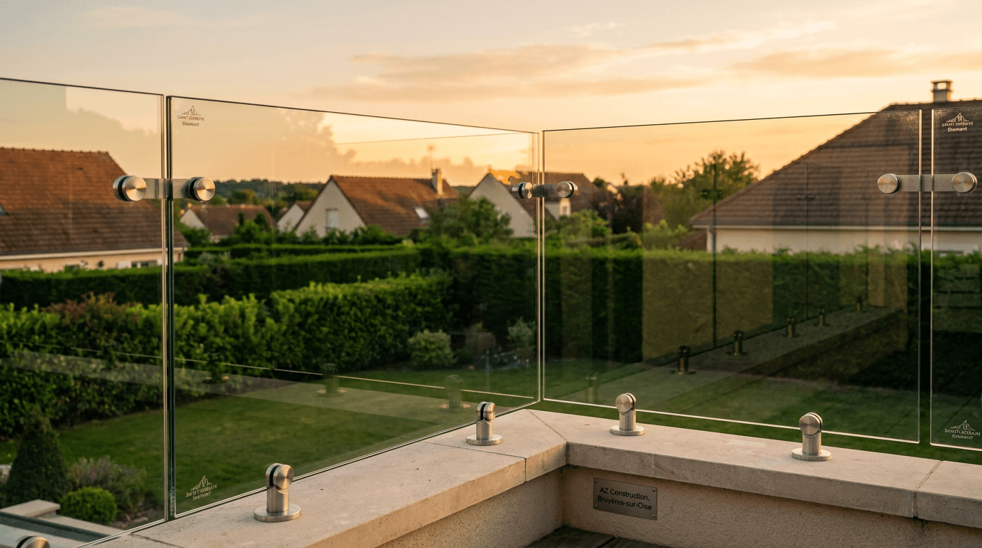 Garde-corps verre frameless feuilleté 8+8 mm Saint-Gobain Diamant + fixations inox — Bussy-Saint-Georges (Seine-et-Marne 77) — AZ Construction Bruyères-sur-Oise — NF P01-012