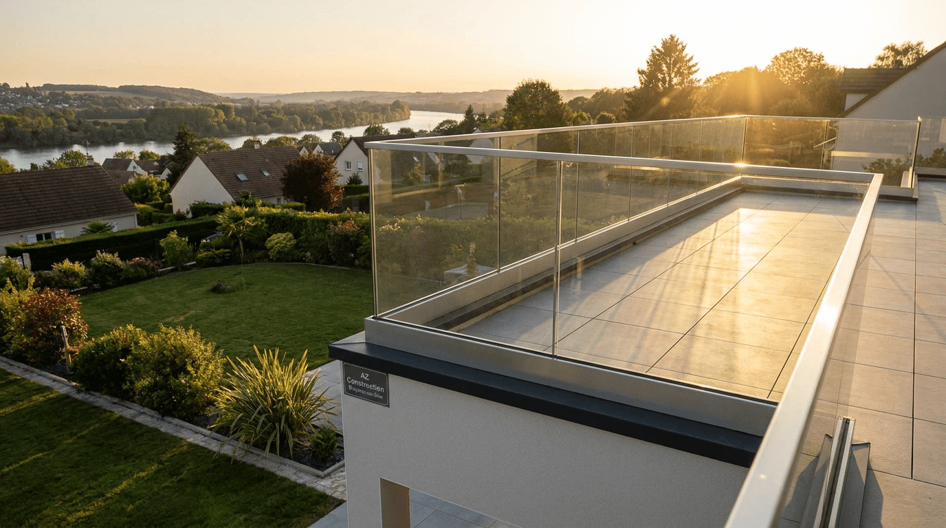 Garde-corps verre frameless feuilleté 8+8 mm Saint-Gobain Diamant + main courante inox brossé — Meaux (Seine-et-Marne 77) — AZ Construction Bruyères-sur-Oise — NF P01-012