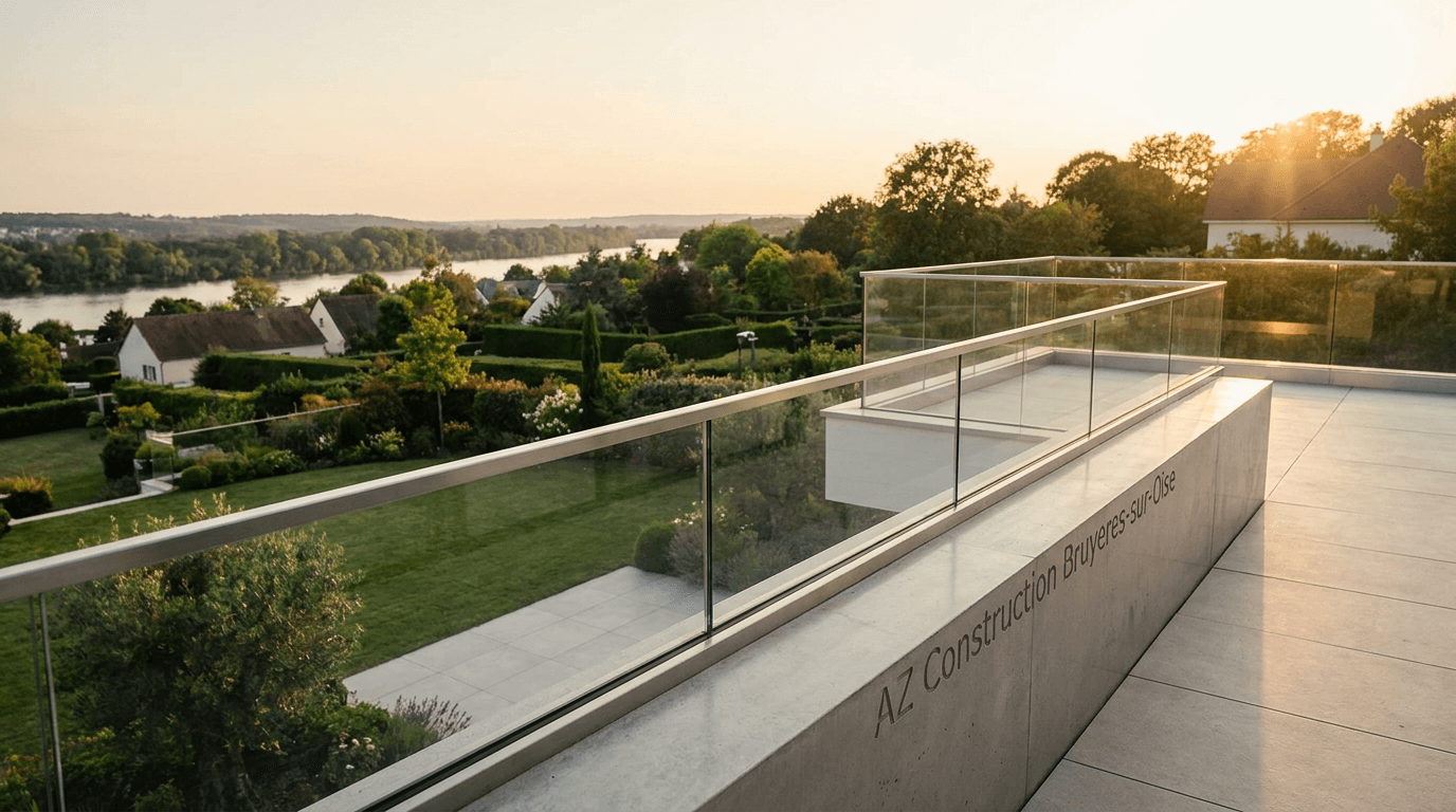 Garde-corps verre frameless feuilleté 8+8 mm Saint-Gobain Diamant + main courante inox brossé — Melun (Seine-et-Marne 77) — AZ Construction Bruyères-sur-Oise — NF P01-012