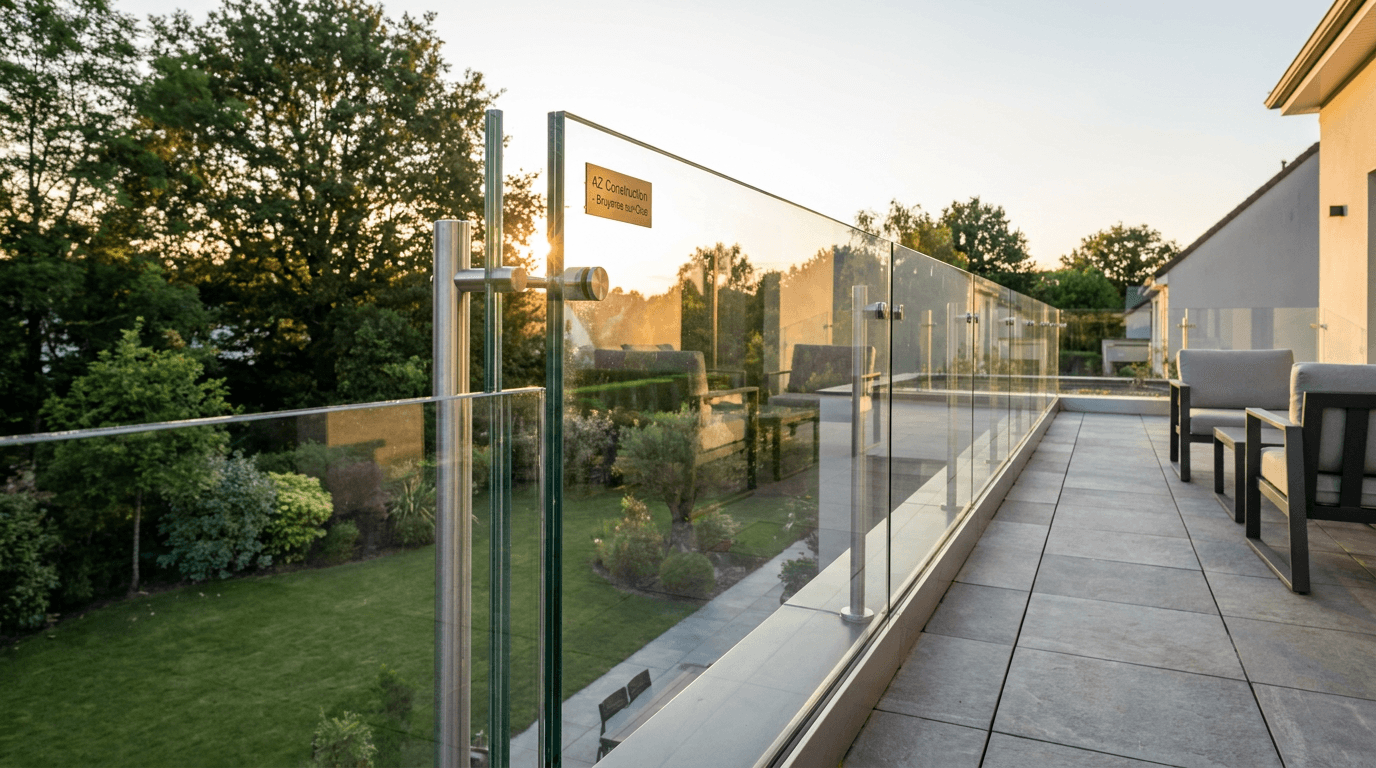 Garde-corps verre frameless feuilleté 8+8 mm Saint-Gobain Diamant + fixations inox — Pontault-Combault (Seine-et-Marne 77) — AZ Construction Bruyères-sur-Oise — NF P01-012
