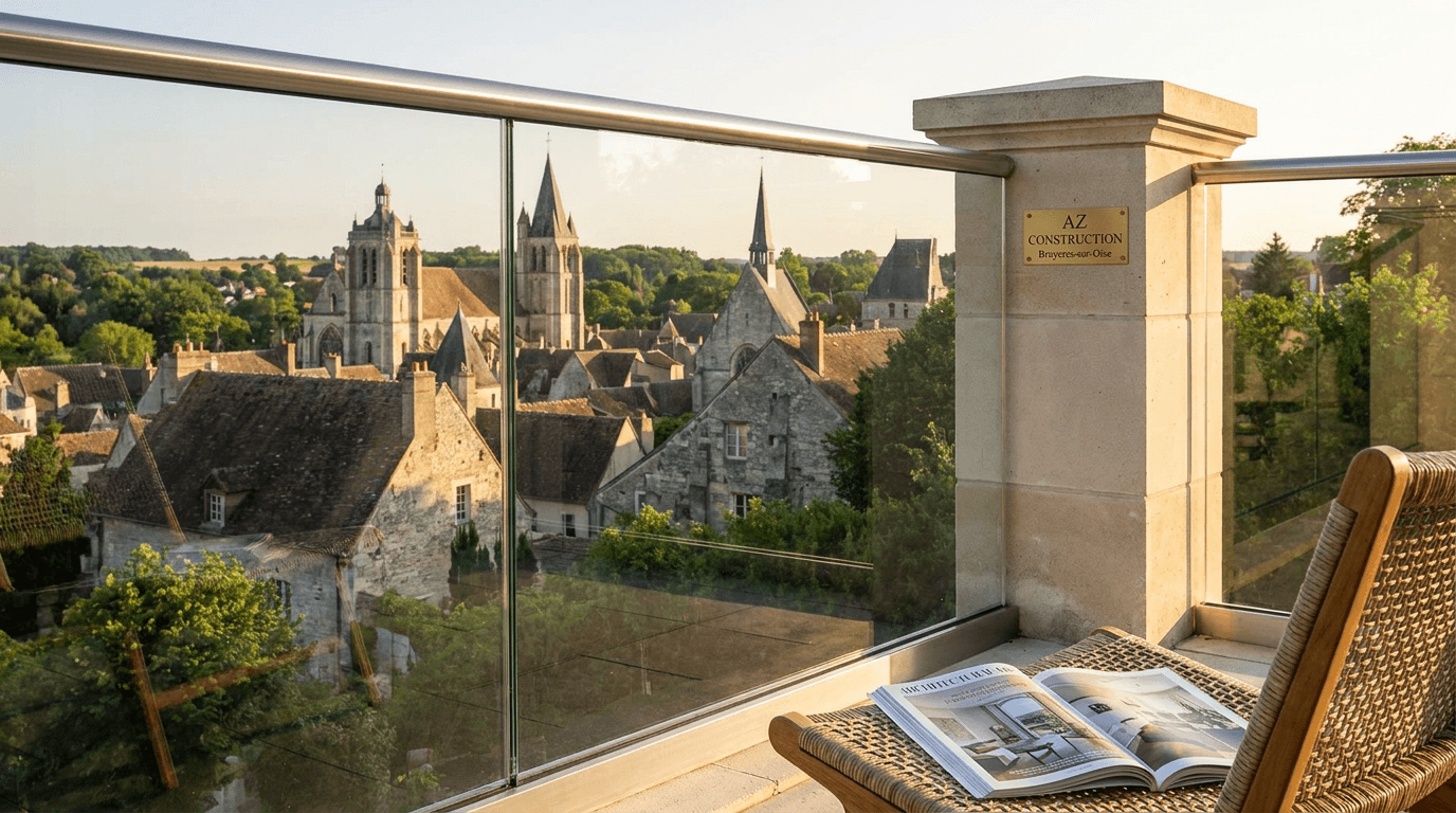 Garde-corps verre frameless feuilleté 8+8 mm Saint-Gobain Diamant + main courante inox brossé — Senlis (Oise 60) — AZ Construction Bruyères-sur-Oise — NF P01-012