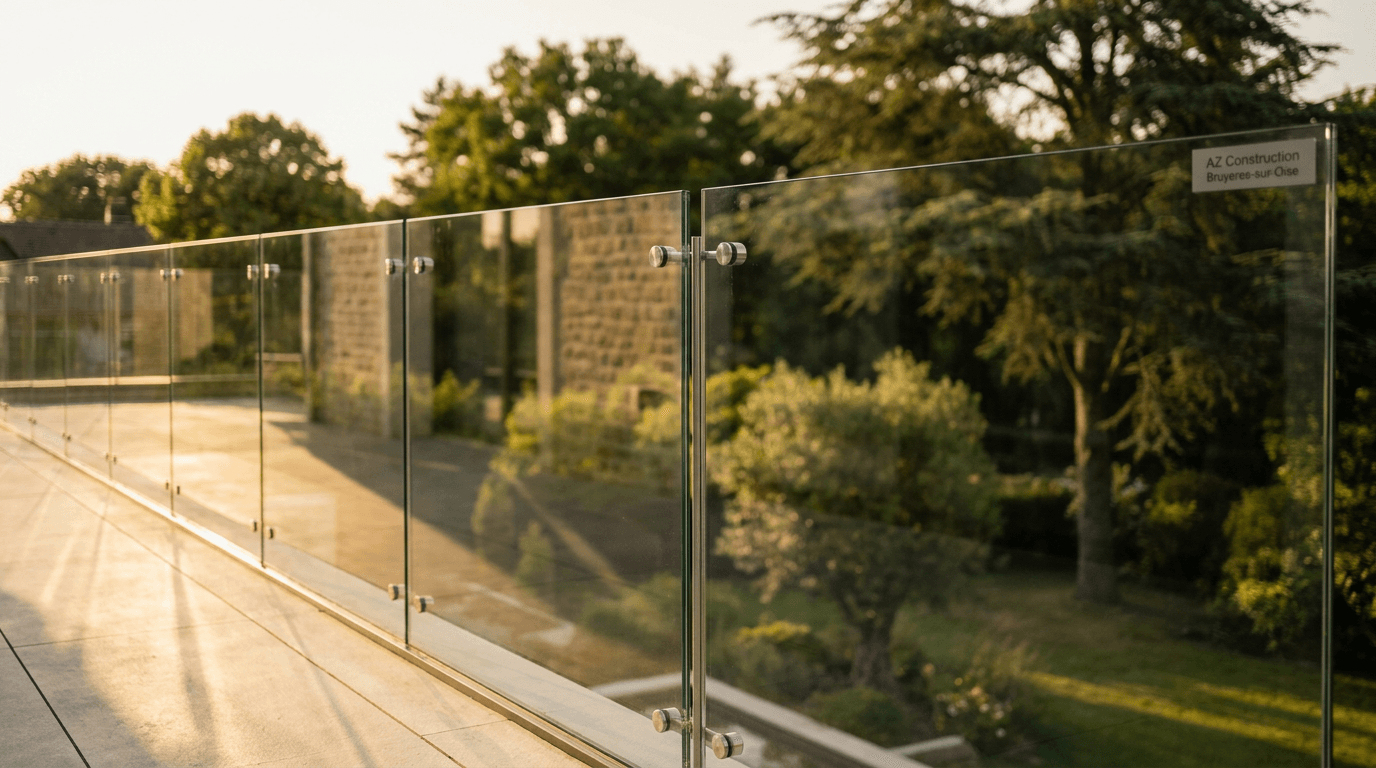 Garde-corps verre frameless feuilleté 8+8 mm Saint-Gobain Diamant + fixations inox — Saint-Quentin (Aisne 02) — AZ Construction Bruyères-sur-Oise — NF P01-012
