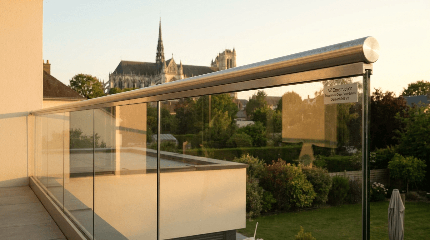 Garde-corps verre frameless feuilleté 8+8 mm Saint-Gobain Diamant + main courante inox brossé — Amiens (Somme 80) — AZ Construction Bruyères-sur-Oise — NF P01-012