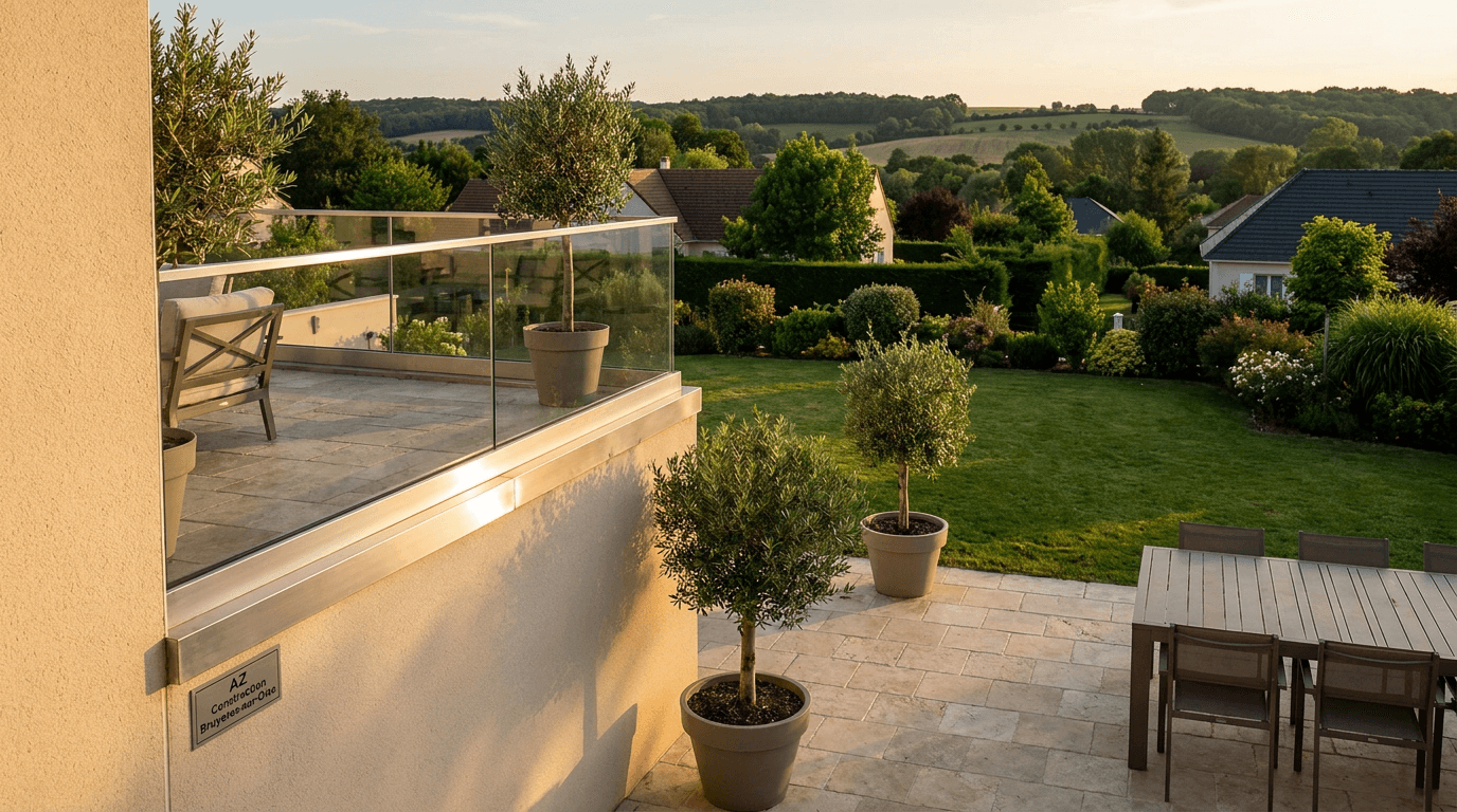Garde-corps verre frameless feuilleté 8+8 mm Saint-Gobain Diamant + main courante inox brossé — Évreux (Eure 27) — AZ Construction Bruyères-sur-Oise — NF P01-012