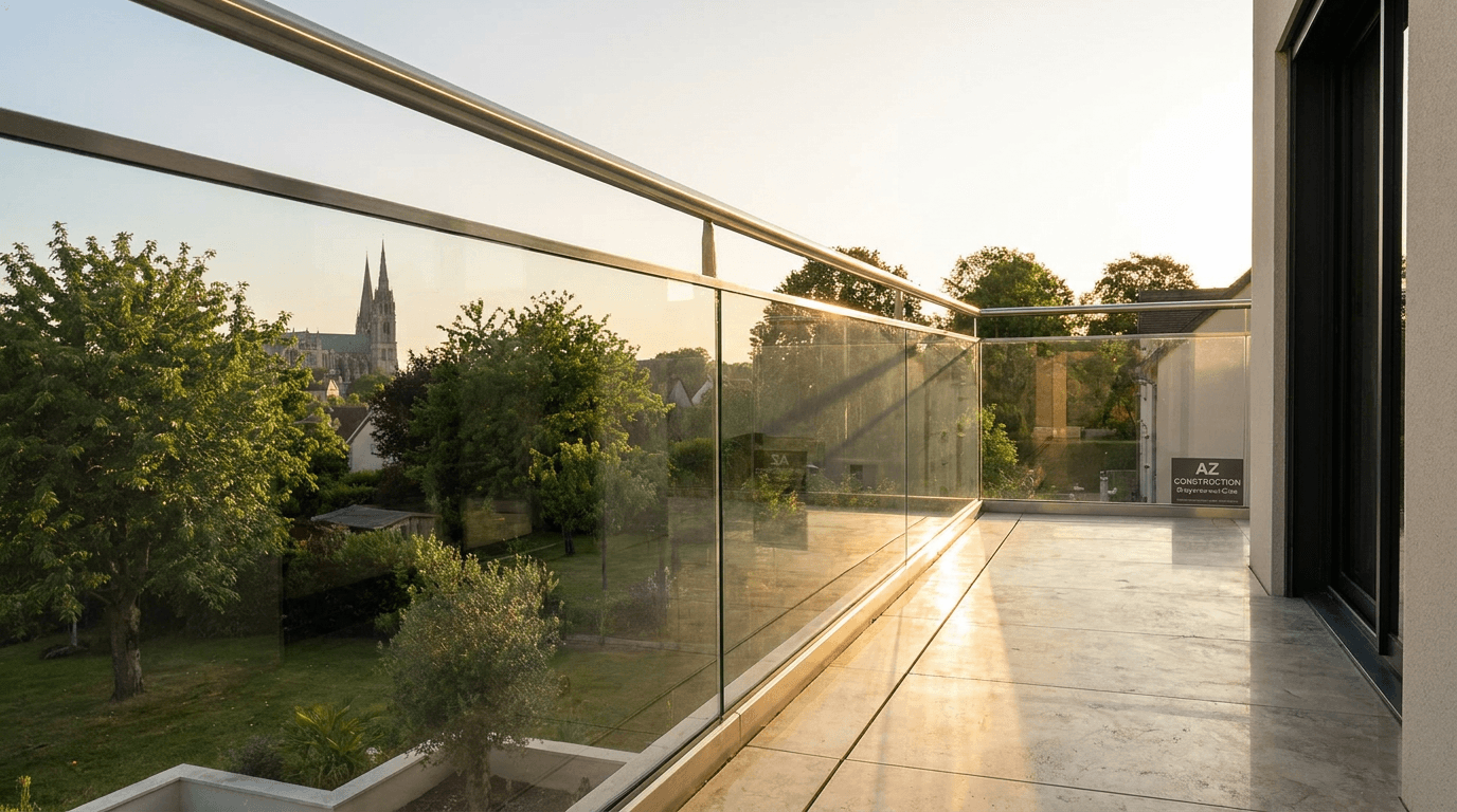 Garde-corps verre frameless feuilleté 8+8 mm Saint-Gobain Diamant + main courante inox brossé — Chartres (Eure-et-Loir 28) — AZ Construction Bruyères-sur-Oise — NF P01-012