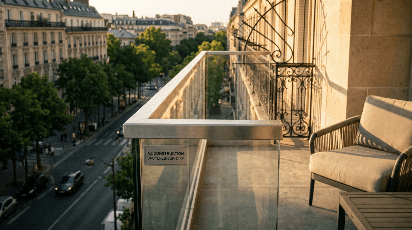 Garde-corps verre frameless feuilleté 8+8 mm Saint-Gobain Diamant + main courante inox brossé — Paris 12e Bercy — AZ Construction Bruyères-sur-Oise — NF P01-012