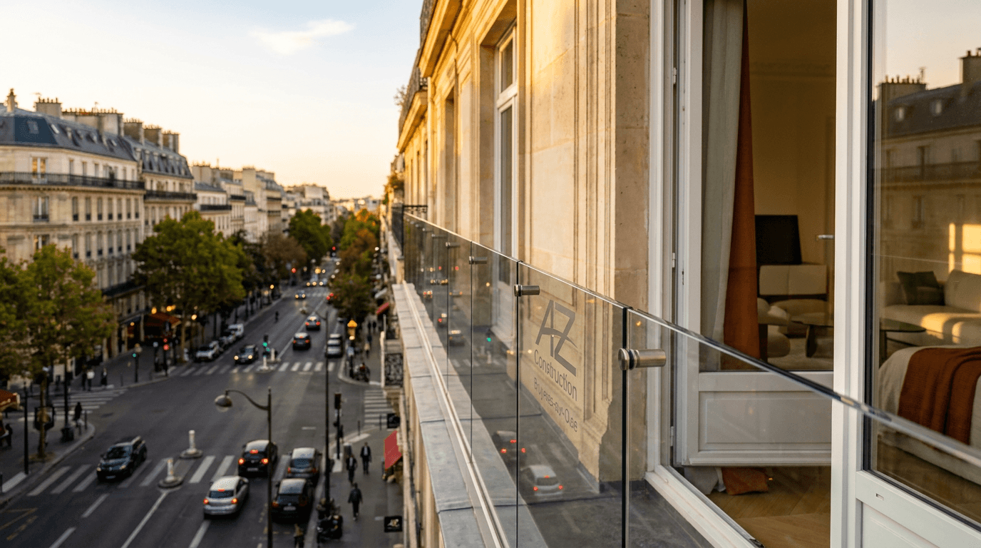 Garde-corps verre frameless feuilleté 8+8 mm Saint-Gobain Diamant + fixations inox — Paris 13e Place d'Italie — AZ Construction Bruyères-sur-Oise — NF P01-012