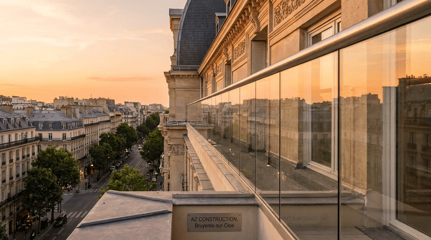 Garde-corps verre frameless feuilleté 8+8 mm Saint-Gobain Diamant + main courante inox brossé — Paris 14e Montparnasse — AZ Construction Bruyères-sur-Oise — NF P01-012