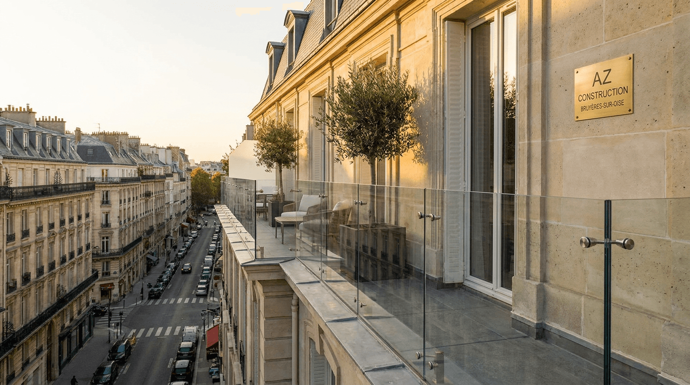 Garde-corps verre frameless feuilleté 8+8 mm Saint-Gobain Diamant + fixations inox — Paris 15e Convention — AZ Construction Bruyères-sur-Oise — NF P01-012