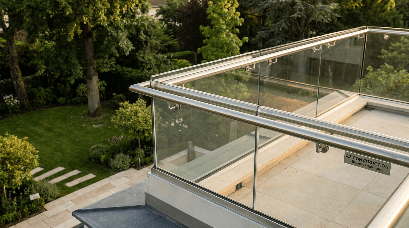 Garde-corps verre frameless feuilleté 8+8 mm Saint-Gobain Diamant + main courante inox brossé — Bourg-la-Reine (Hauts-de-Seine 92) — AZ Construction Bruyères-sur-Oise — NF P01-012