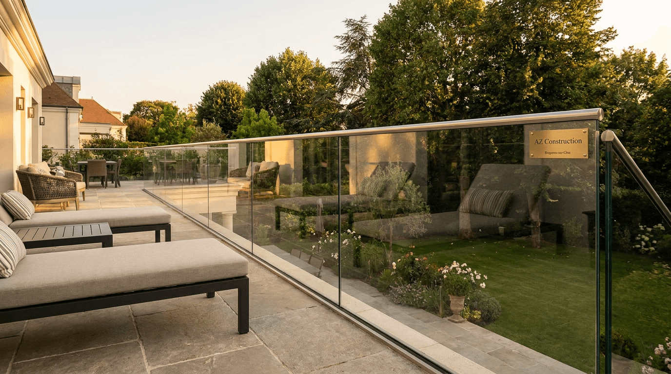 Garde-corps verre frameless feuilleté 8+8 mm Saint-Gobain Diamant + main courante inox brossé — Bois-Colombes (Hauts-de-Seine 92) — AZ Construction Bruyères-sur-Oise — NF P01-012