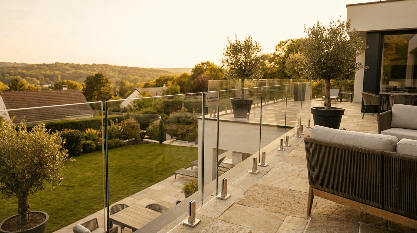 Garde-corps verre frameless feuilleté 8+8 mm Saint-Gobain Diamant + fixations inox — Clamart (Hauts-de-Seine 92) — AZ Construction Bruyères-sur-Oise — NF P01-012