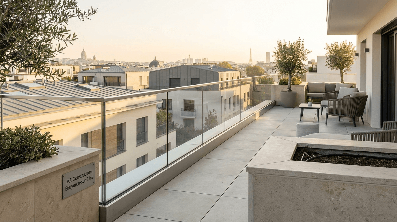 Garde-corps verre frameless feuilleté 8+8 mm Saint-Gobain Diamant + main courante inox brossé — Clichy (Hauts-de-Seine 92) — AZ Construction Bruyères-sur-Oise — NF P01-012