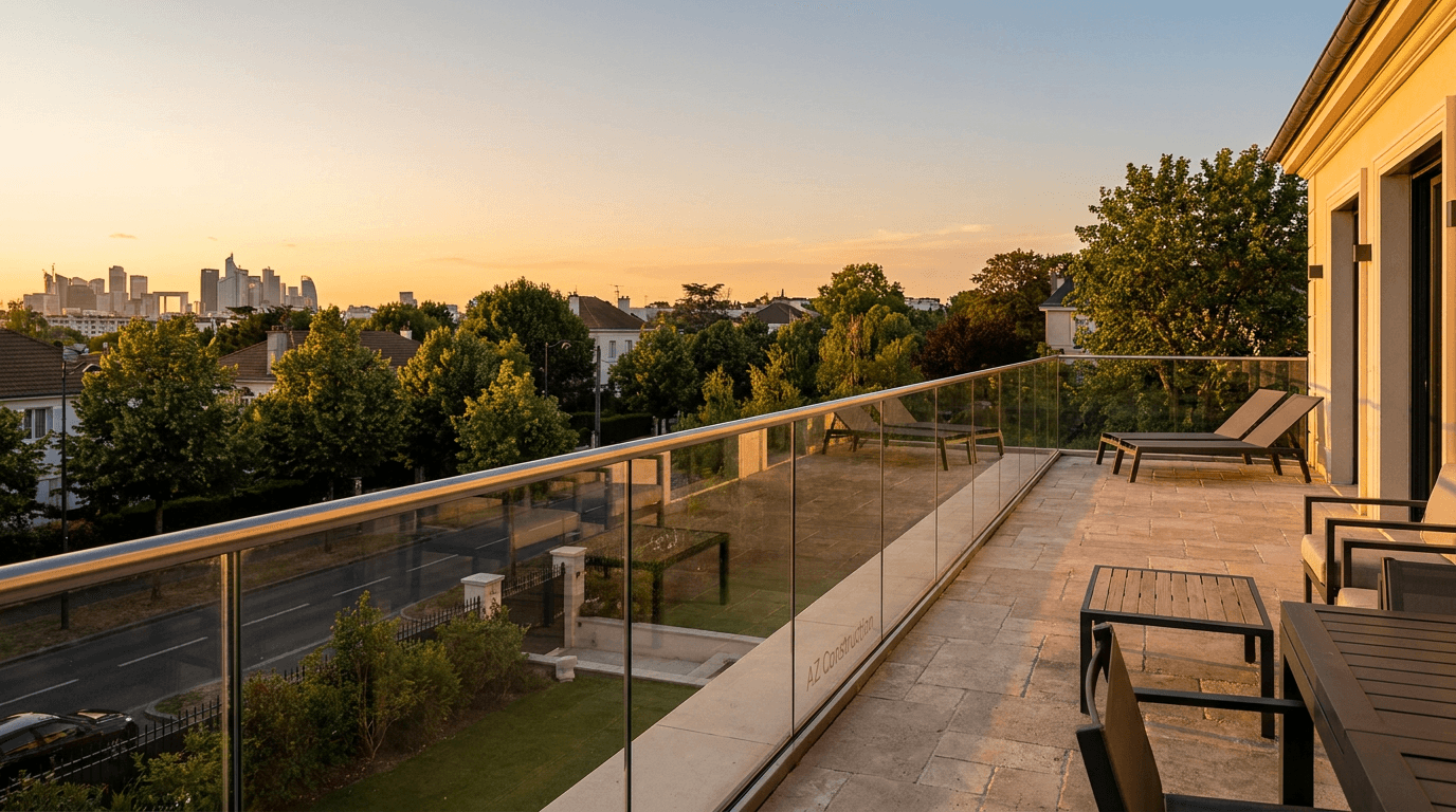 Garde-corps verre frameless feuilleté 8+8 mm Saint-Gobain Diamant + main courante inox brossé — Courbevoie La Défense (Hauts-de-Seine 92) — AZ Construction Bruyères-sur-Oise — NF P01-012