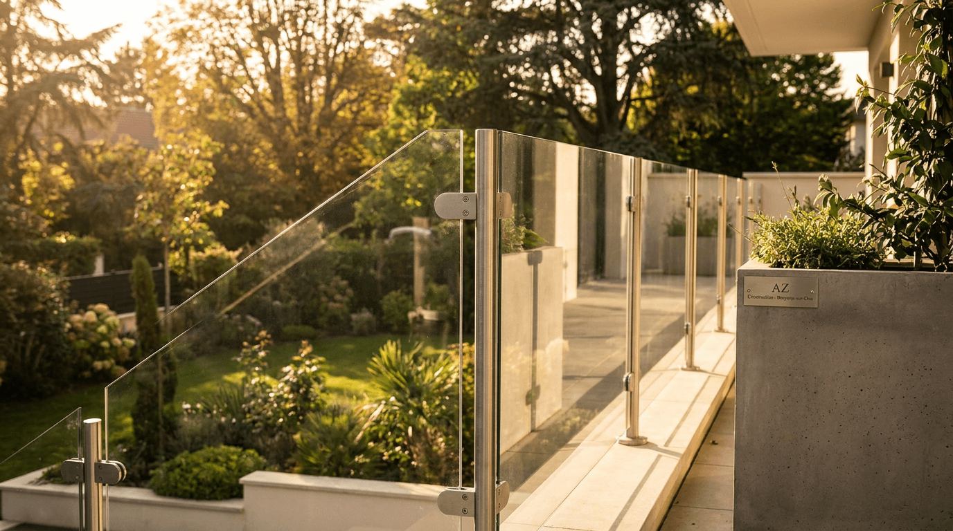 Garde-corps verre frameless feuilleté 8+8 mm Saint-Gobain Diamant + fixations inox — Malakoff (Hauts-de-Seine 92) — AZ Construction Bruyères-sur-Oise — NF P01-012