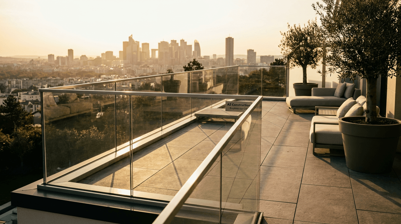Garde-corps verre frameless feuilleté 8+8 mm Saint-Gobain Diamant + main courante inox brossé — Puteaux La Défense (Hauts-de-Seine 92) — AZ Construction Bruyères-sur-Oise — NF P01-012