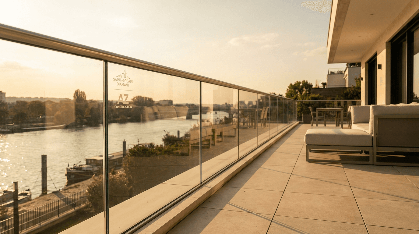 Garde-corps verre frameless feuilleté 8+8 mm Saint-Gobain Diamant + main courante inox brossé — Asnières-sur-Seine (Hauts-de-Seine 92) — AZ Construction Bruyères-sur-Oise — NF P01-012