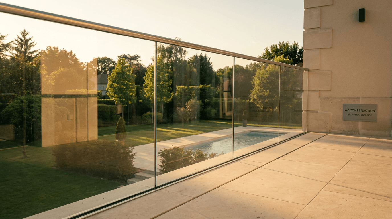 Garde-corps verre frameless feuilleté 8+8 mm Saint-Gobain Diamant + main courante inox brossé — Yerres (Essonne 91) — AZ Construction Bruyères-sur-Oise — NF P01-012