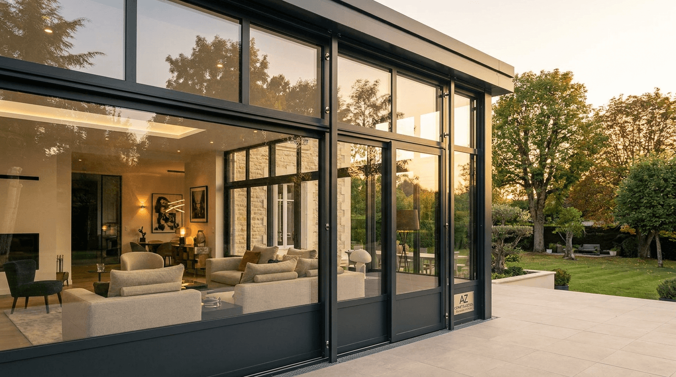 Verrière extension acier S235JR + verre Saint-Gobain Climaplus 4-16-4 + inox brossé — Saint-Cloud (Hauts-de-Seine 92) — AZ Construction Bruyères-sur-Oise — DTU 39
