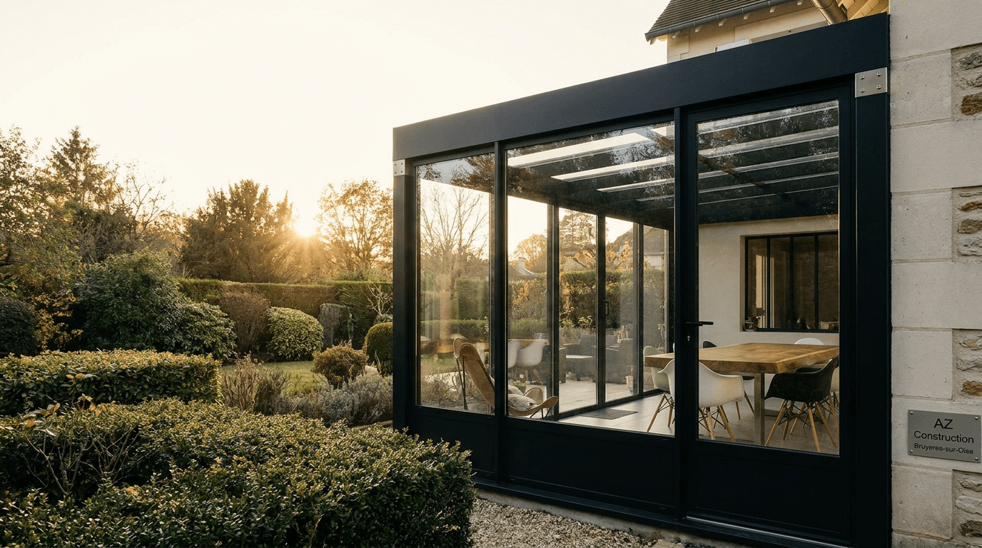 Verrière extension acier S235JR + verre Saint-Gobain Climaplus + inox brossé — Saint-Germain-en-Laye (Yvelines 78) — AZ Construction Bruyères-sur-Oise — DTU 39