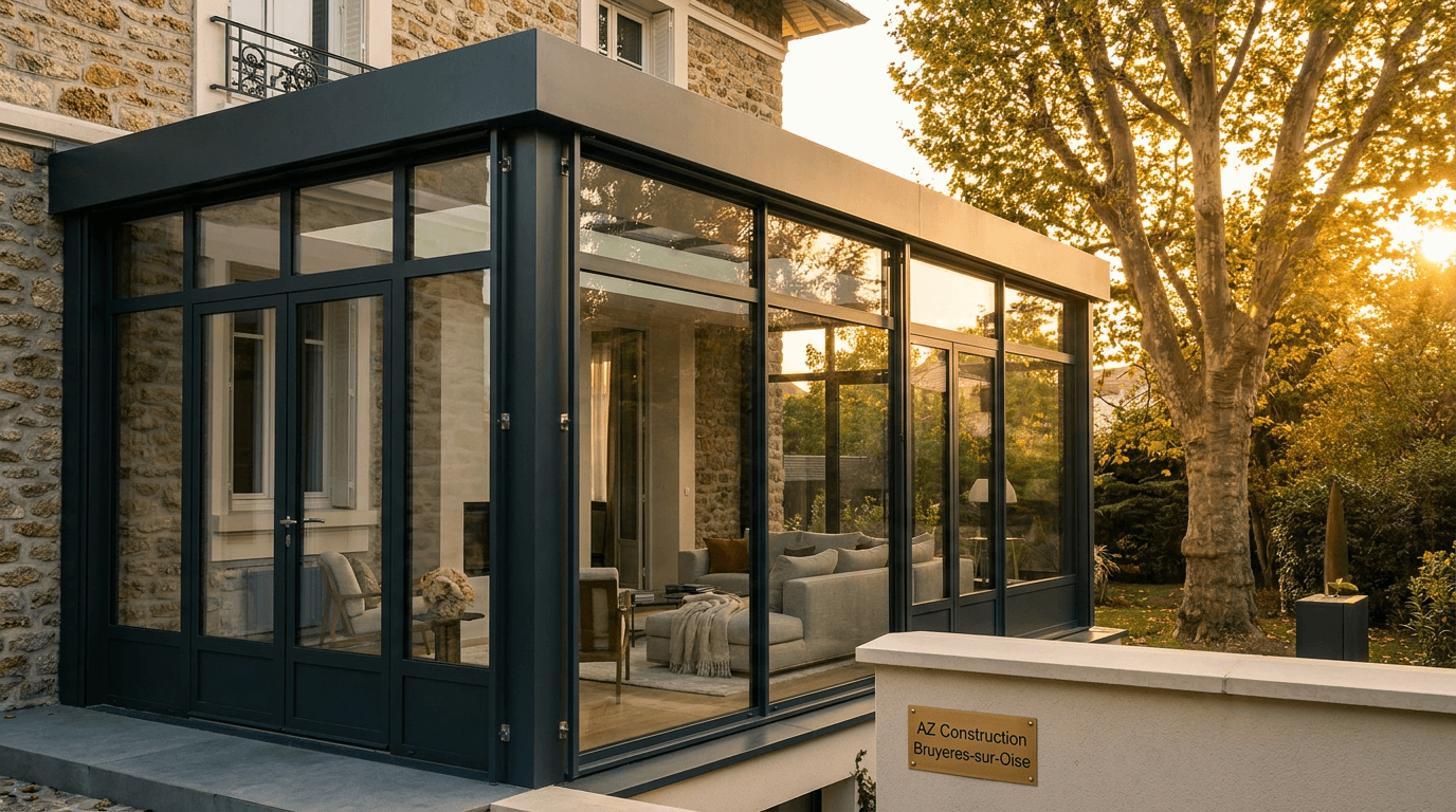Verrière extension acier S235JR + verre Saint-Gobain Climaplus + inox brossé — Vincennes (Val-de-Marne 94) — AZ Construction Bruyères-sur-Oise — DTU 39